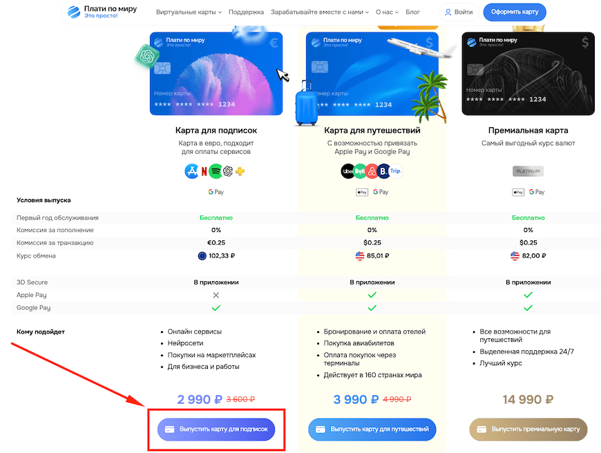 Выбор виртуальной карты